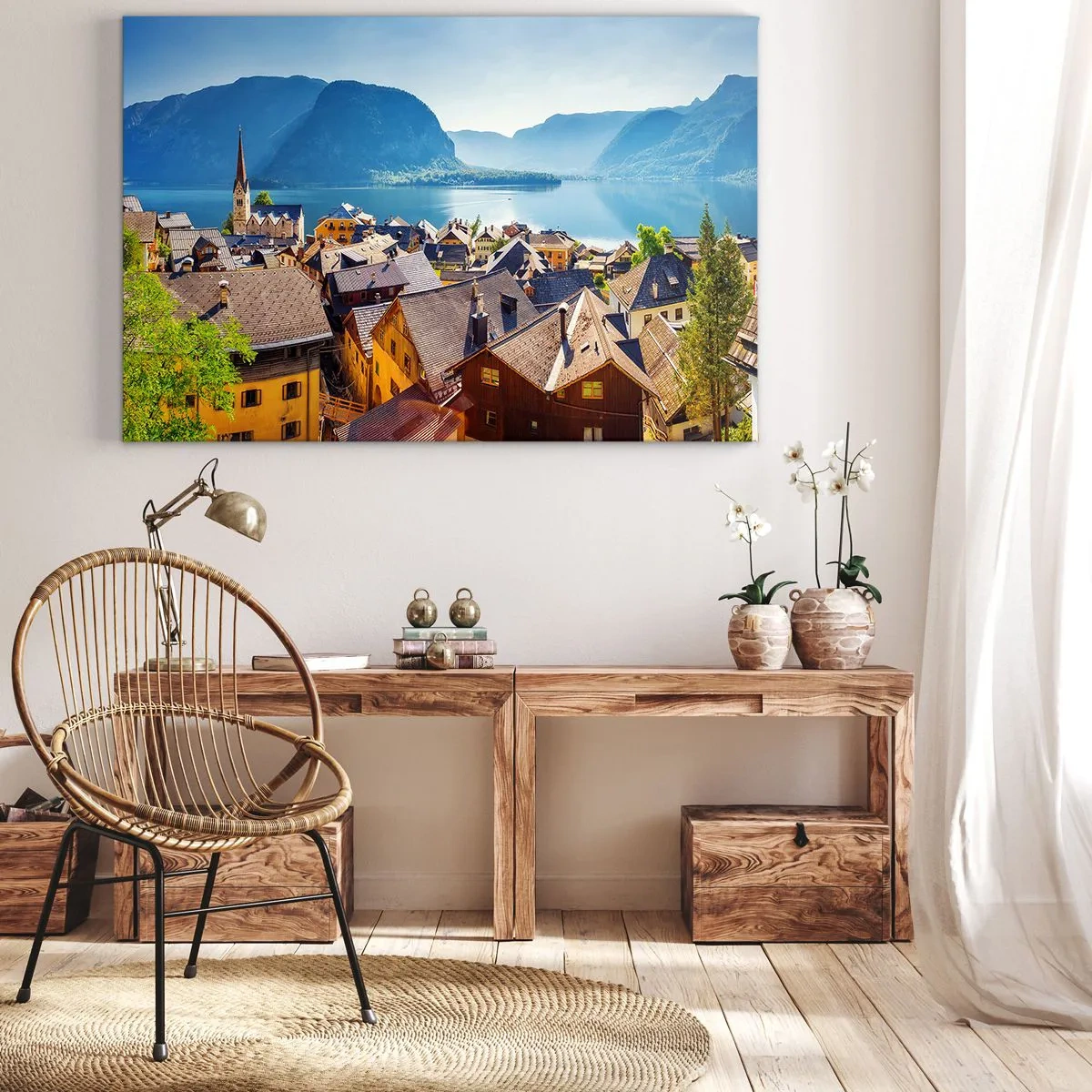Tablou pe pânză Canvas - Un sat pitoresc pe malul unui lac, înconjurat de munți, într-o zi însorită - 70x50cm - Nici că se putea mai pitoresc - Decorațiune modernă pentru perete pentru living și dormitor ARTTOR