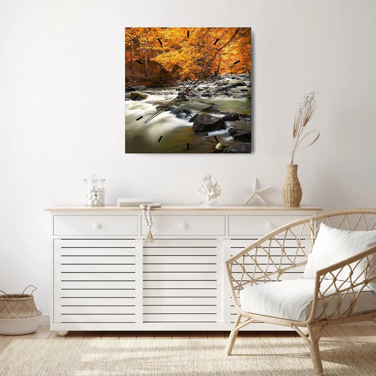 Ceas de perete - Ceas pe sticlă - Un pârâu într-o pădure de aur - 30x30 cm