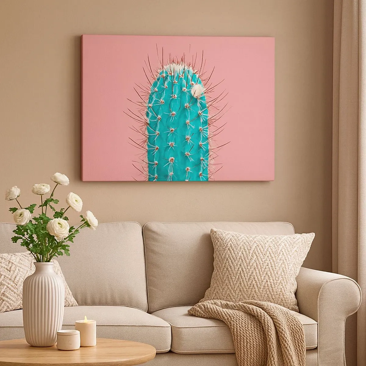 Tablou pe pânză Canvas - O abordare artistică a unui cactus pe un fundal roz - 70x50cm - Doar privește - Decorațiune modernă pentru perete pentru living și dormitor ARTTOR