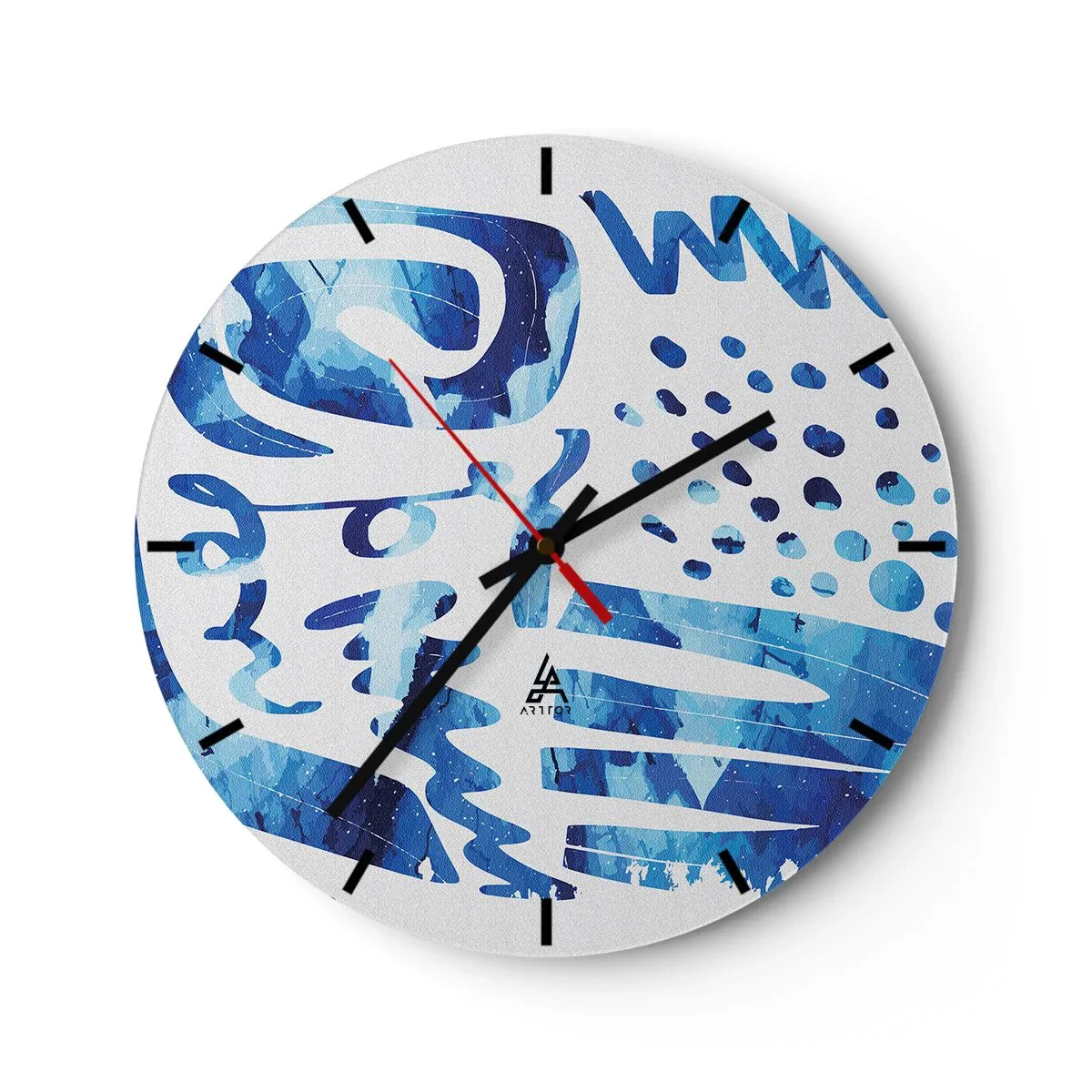 Ceas de perete - Ceas pe sticlă - Modele abstracte albastre pe fundal alb - 30x30cm - Înapoi la rădăcini - Decorațiune modernă pentru perete pentru living, bucătărie și dormitor ARTTOR