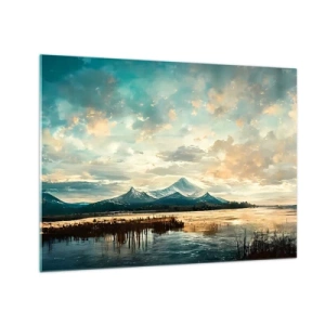 Tablou pe sticlă - Peisaj de iarnă cu munți și un lac înghețat - 70x50cm - Sub protecția cerului - Decorațiune modernă pentru perete pentru living și dormitor ARTTOR