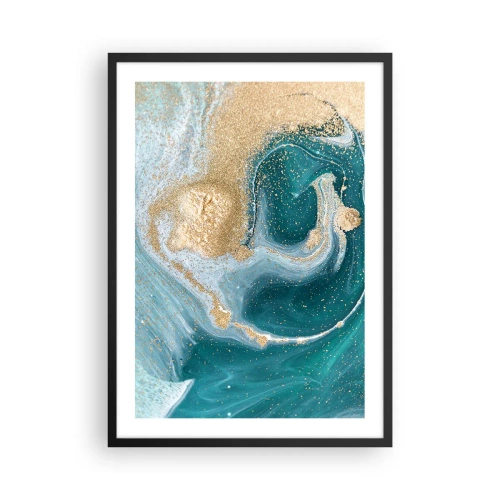 Poster în ramă neagră - Motiv abstract auriu și turcoaz în forme fluide - 50x70cm - Vârtej de aur și turcoaz - Decorațiune modernă pentru perete pentru living și dormitor ARTTOR