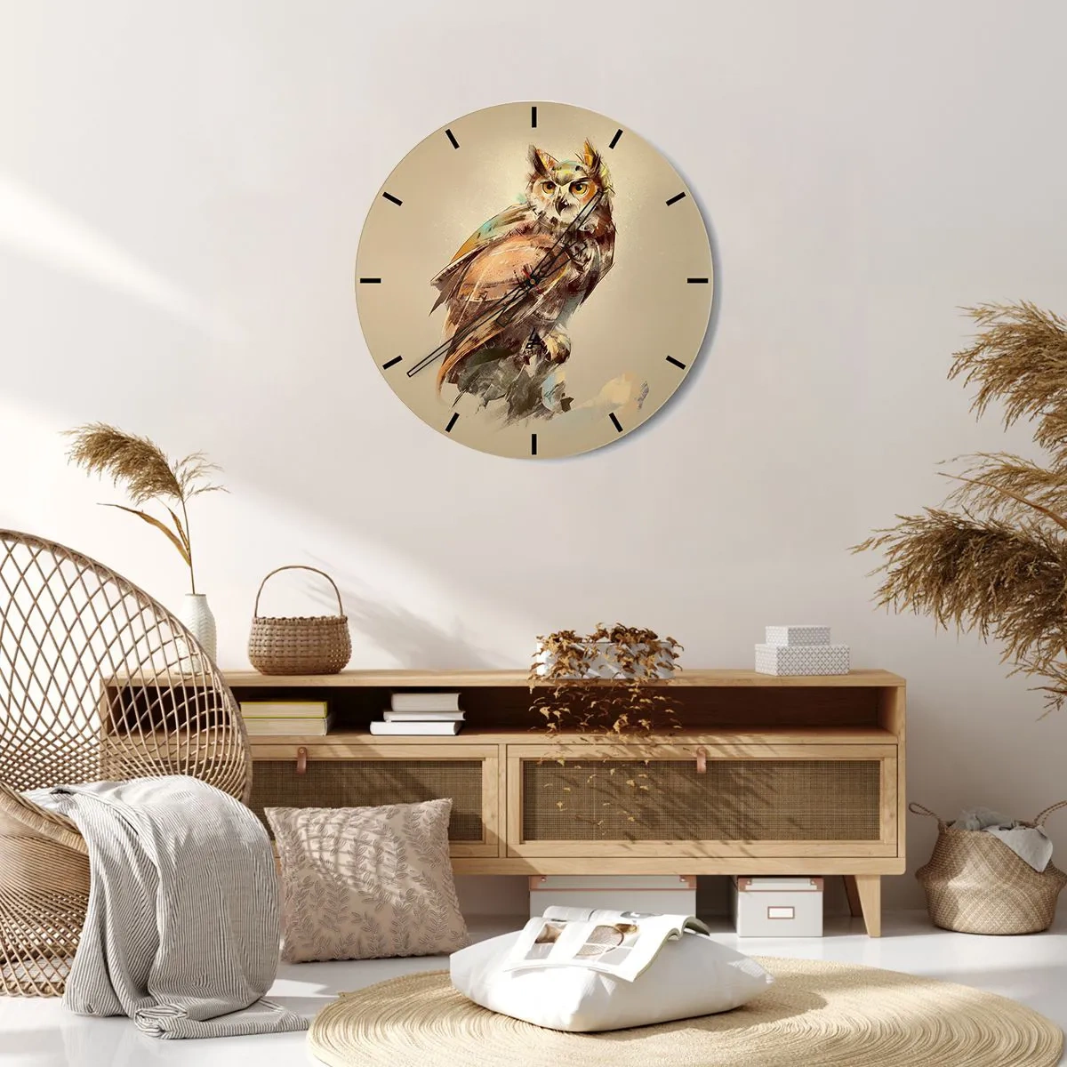 Ceas de perete - Ceas pe sticlă - Portret artistic al unei bufnițe pe un fundal bej - 30x30cm - Cea mai inteligentă bufniță - confirmă stejarul - Decorațiune modernă pentru perete pentru living, bucătărie și dormitor ARTTOR