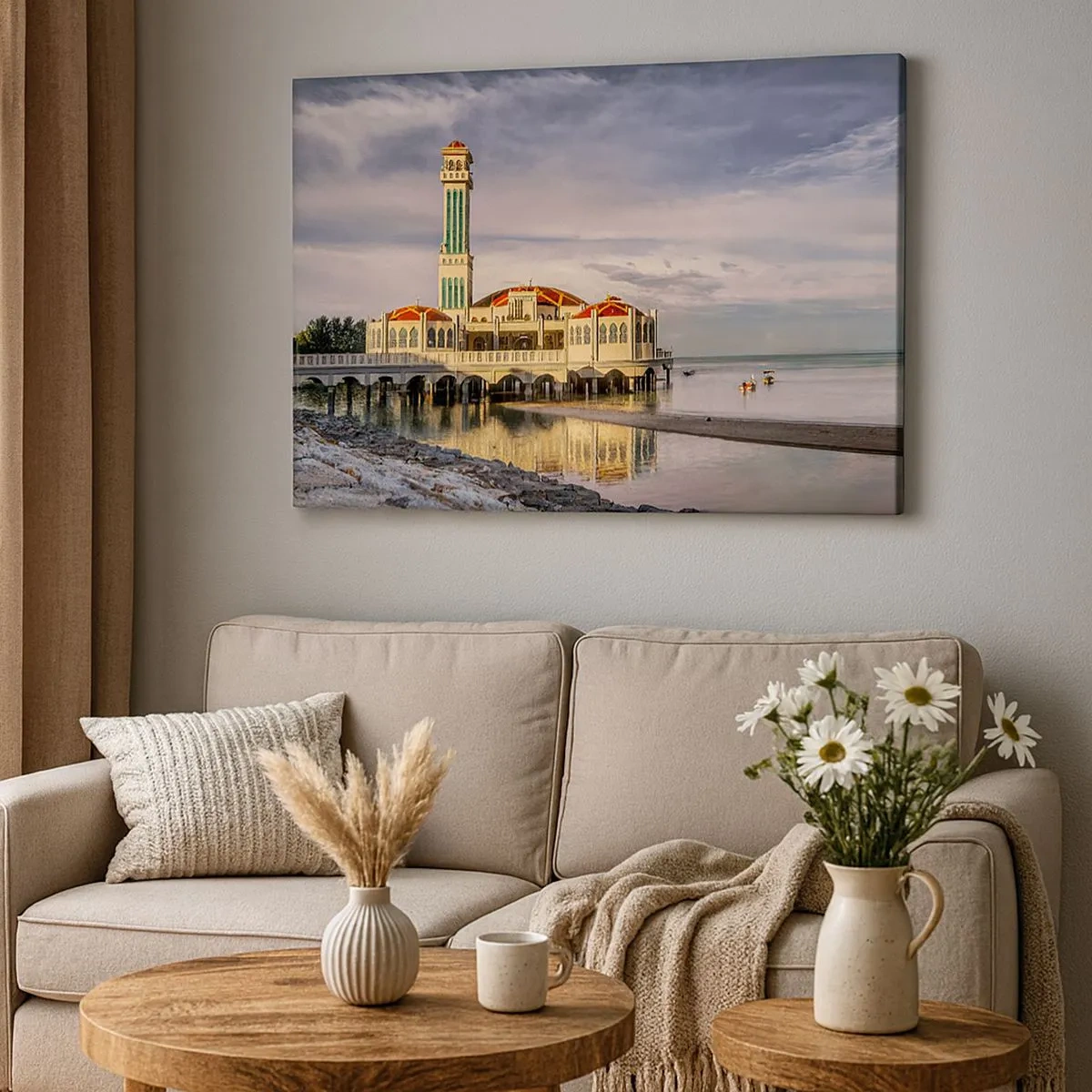 Tablou pe pânză Canvas - O clădire impresionantă, cu un minaret pe apă, înconjurată de un peisaj liniștit - 70x50cm - Un templu al naturii - Decorațiune modernă pentru perete pentru living și dormitor ARTTOR