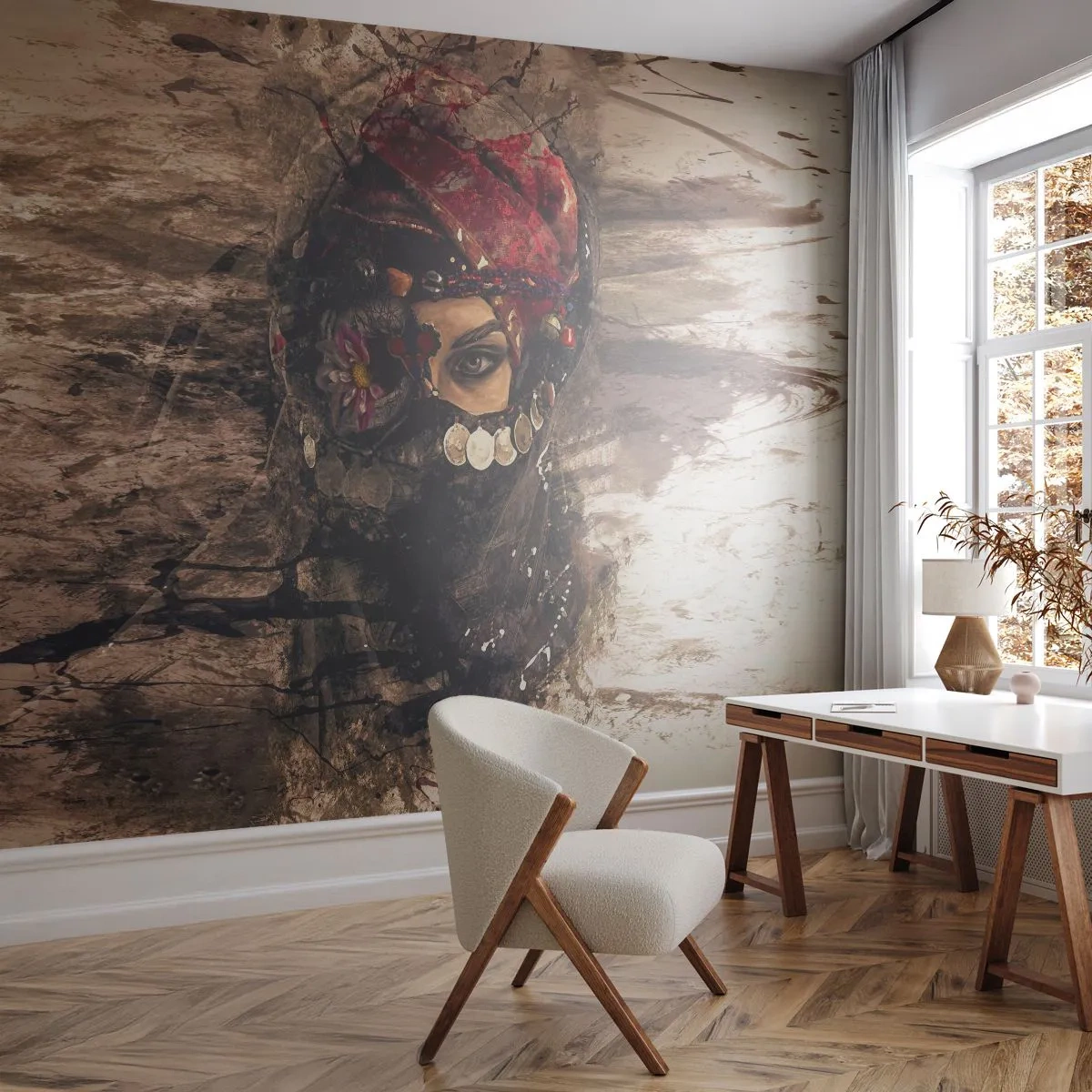 Tapet Premium Canvas - Cel puțin îngrijător - Abstracția, Chipul de femeie, Simboluri orientale - 350x256 cm