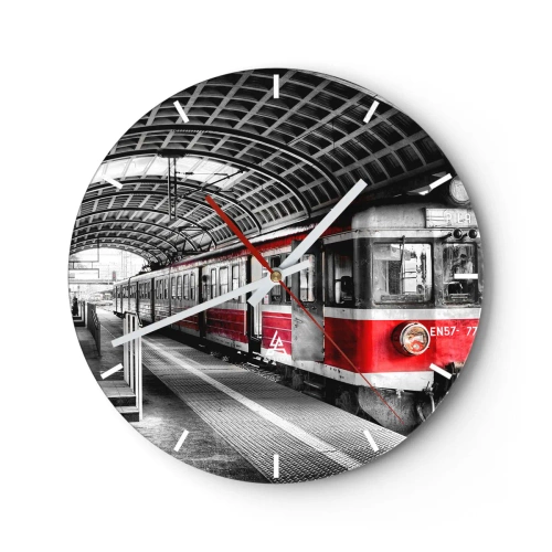 Ceas de perete - Ceas pe sticlă - Tren roșu la stație în stil industrial - 30x30cm - Poate este o călătorie de o viață? - Decorațiune modernă pentru perete pentru living, bucătărie și dormitor ARTTOR