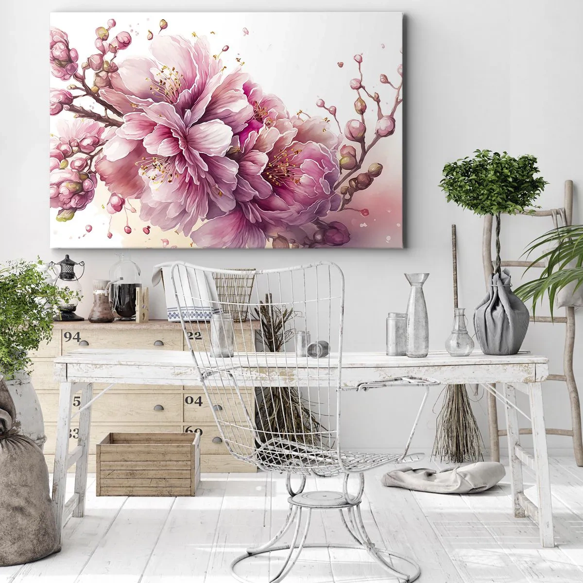Tablou pe pânză Canvas - Flori de cireș delicate în plină floare pe un fundal luminos - 70x50cm - Flori de cireș - Decorațiune modernă pentru perete pentru living și dormitor ARTTOR