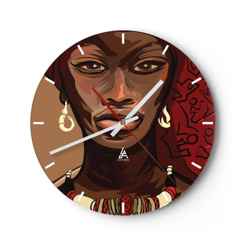 Ceas de perete - Ceas pe sticlă - Portret de femeie în stil african cu accente roșii - 30x30cm - Venus din abanos - Decorațiune modernă pentru perete pentru living, bucătărie și dormitor ARTTOR