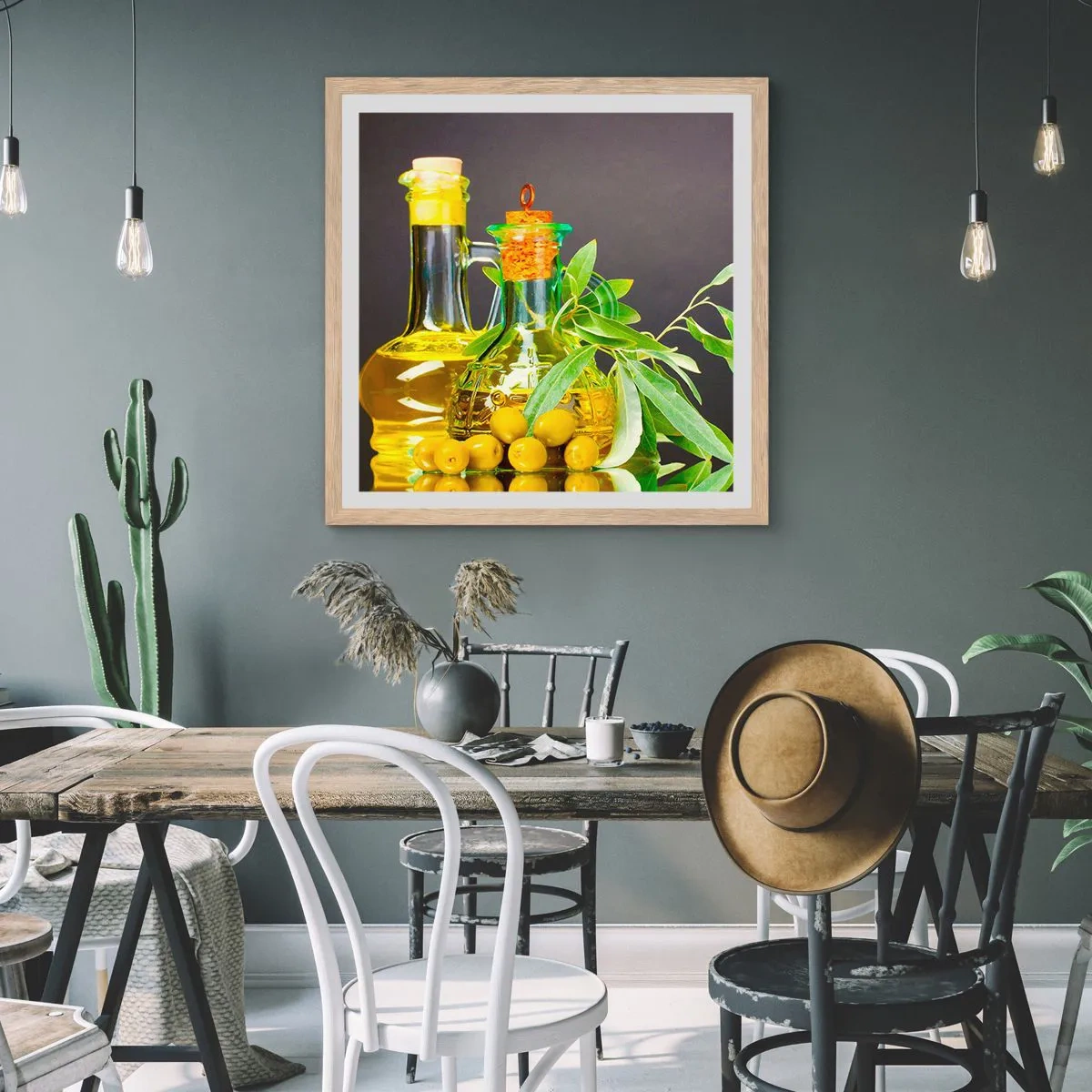 Poster în ramă de stejar deschis - Natură moarte cu măsline și ulei - 60x60 cm