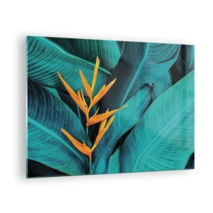 Tablou pe sticlă - O floare exotică pe un fundal de frunze mari și verzi. - 70x50cm - Floarea Edenului - Decorațiune modernă pentru perete pentru living și dormitor ARTTOR