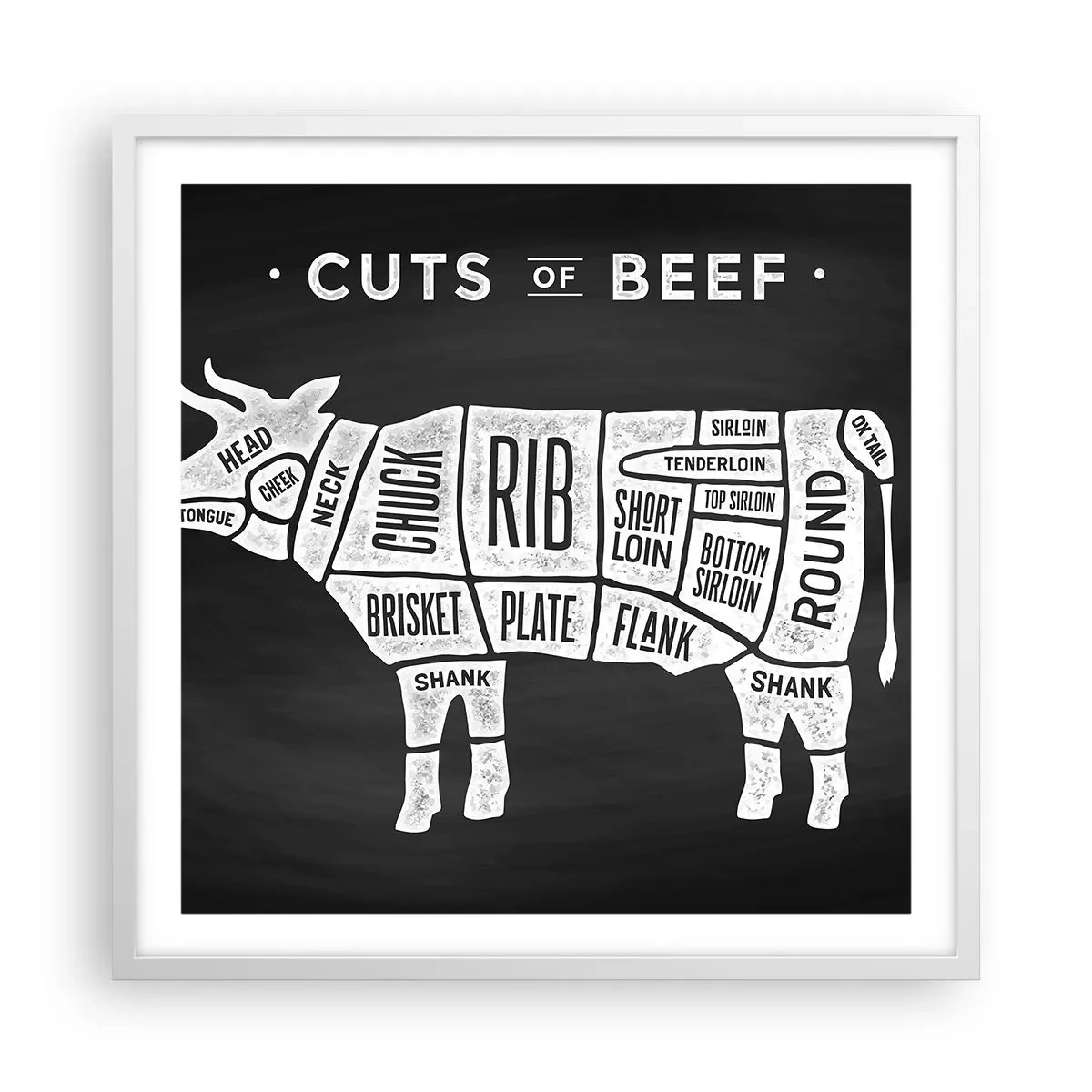 Poster în ramă albă - Abecedar de măcelar - 60x60 cm
