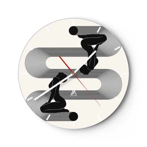 Ceas de perete - Ceas pe sticlă - Simetrie grafică cu siluete feminine și linii geometrice - 30x30cm - Simetrie senzuală - Decorațiune modernă pentru perete pentru living, bucătărie și dormitor ARTTOR