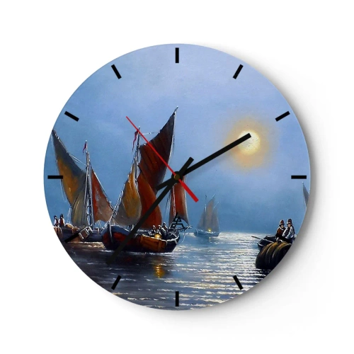 Ceas de perete - Ceas pe sticlă - Bărci cu pânze pe apă în lumina lunii - 30x30cm - Pescuit de noapte - Decorațiune modernă pentru perete pentru living, bucătărie și dormitor ARTTOR