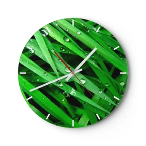 Ceas de perete - Ceas pe sticlă - Prim-plan cu frunze verzi acoperite cu picături de apă - 30x30cm - Joacă de-a verdele - Decorațiune modernă pentru perete pentru living, bucătărie și dormitor ARTTOR