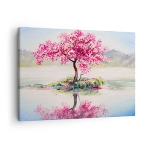 Tablou pe pânză Canvas - Un copac înflorit pe apă liniștită - 70x50cm - Festivalul Primăverii - Decorațiune modernă pentru perete pentru living și dormitor ARTTOR