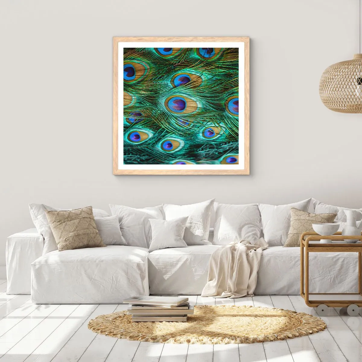 Poster în ramă de stejar deschis - O privire cu ochi de păun - 60x60 cm