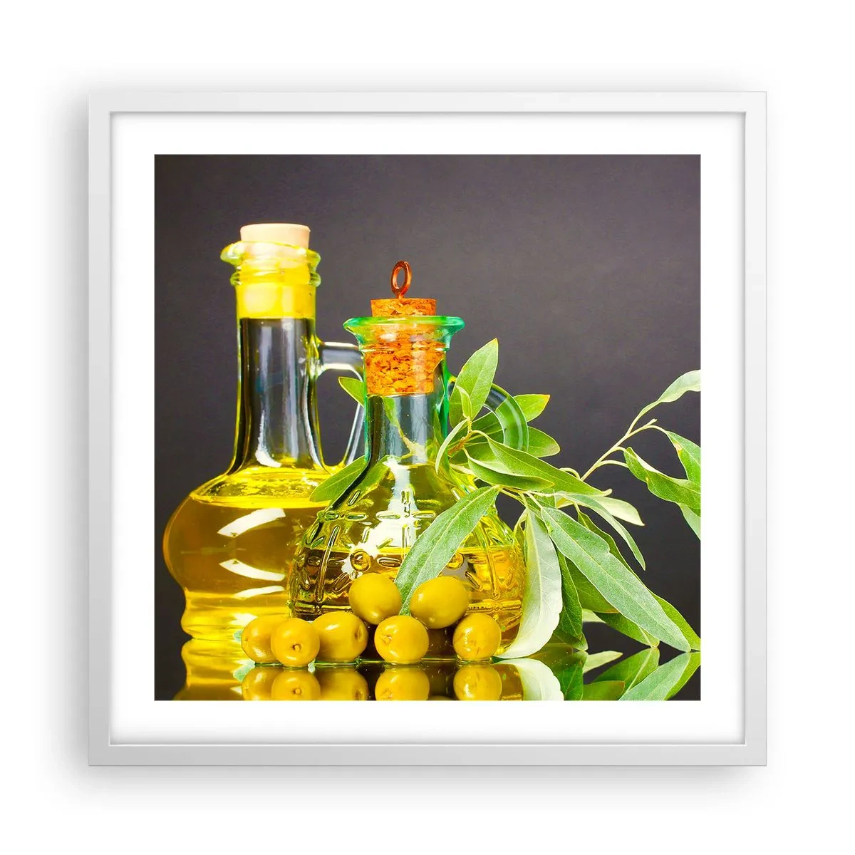 Poster în ramă albă - Natură moarte cu măsline și ulei - 50x50 cm