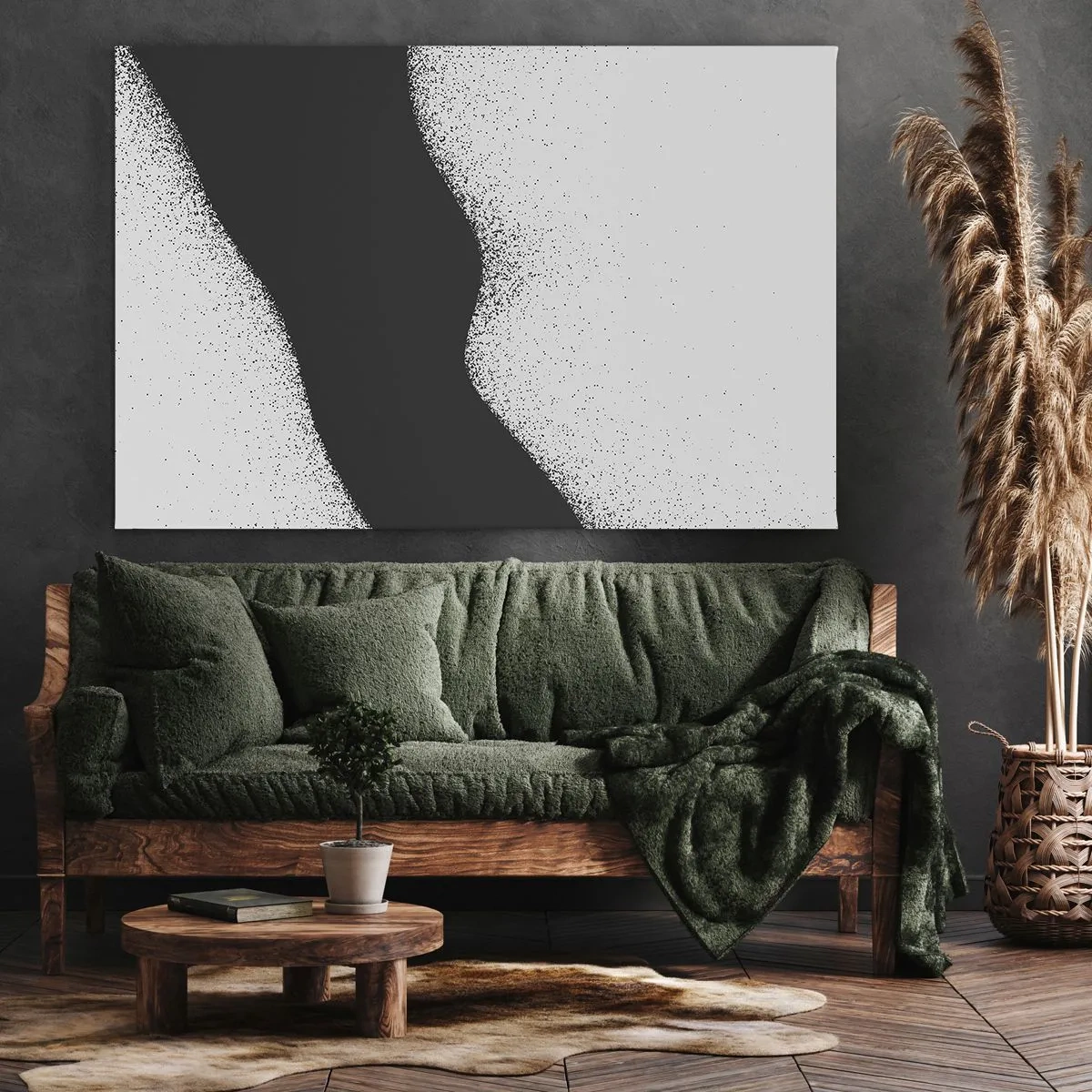 Tablou pe pânză Canvas - Model abstract alb-negru cu puncte delicate pe pânză - 70x50cm - Echilibru lichid - Decorațiune modernă pentru perete pentru living și dormitor ARTTOR