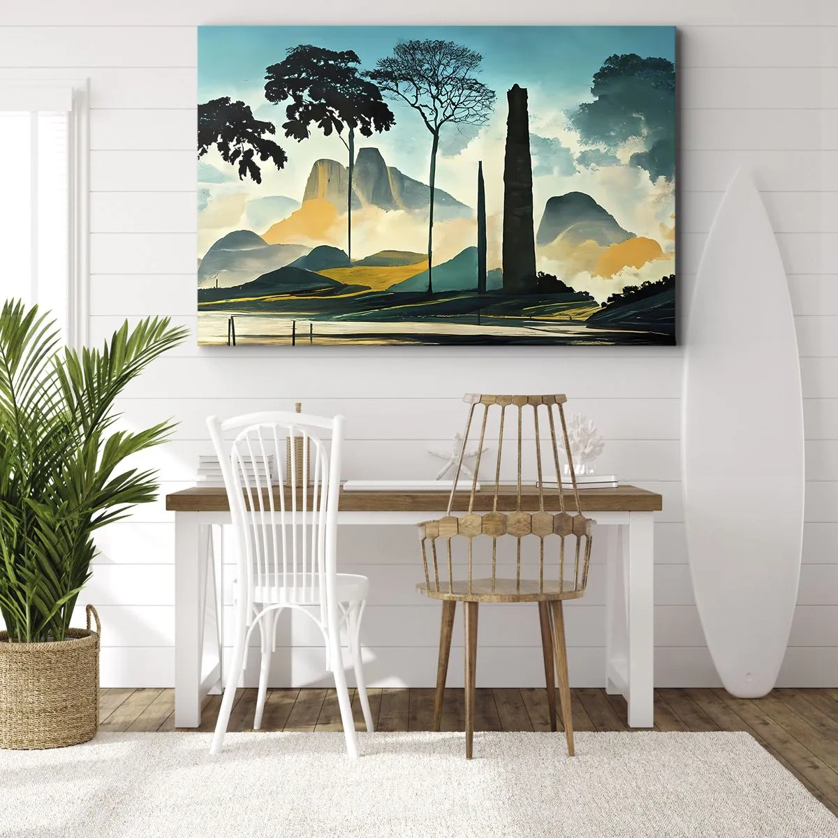 Tablou pe pânză Canvas - Un peisaj pitoresc cu copaci și munți în fundal - 70x50cm - Din ce în ce mai sus - Decorațiune modernă pentru perete pentru living și dormitor ARTTOR