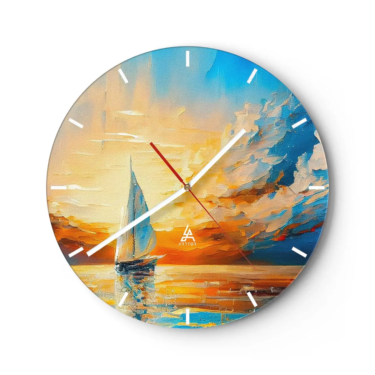 Ceas de perete - Ceas pe sticlă - O barcă cu pânze pe fundalul unui apus de soare auriu peste apă - 30x30cm - Navigare prin aur - Decorațiune modernă pentru perete pentru living, bucătărie și dormitor ARTTOR