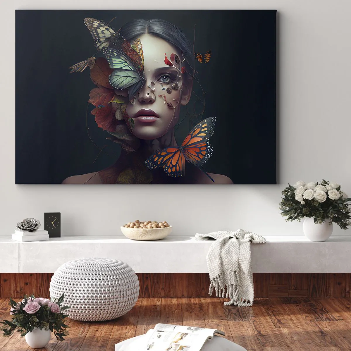 Tablou pe pânză Canvas - Portret de femeie cu fluturi și elemente vegetale - 70x50cm - Transformare minunată - Decorațiune modernă pentru perete pentru living și dormitor ARTTOR