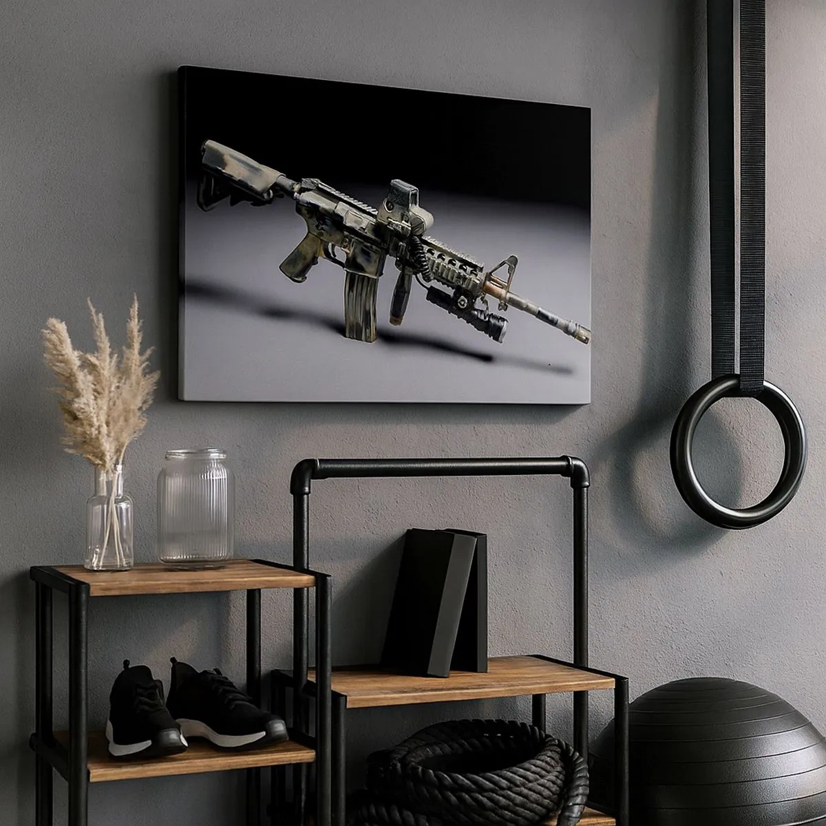 Tablou pe pânză Canvas - Armă modernă în culori de camuflaj pe fundal închis - 70x50cm - Întotdeauna amenințătoare - Decorațiune modernă pentru perete pentru living și dormitor ARTTOR