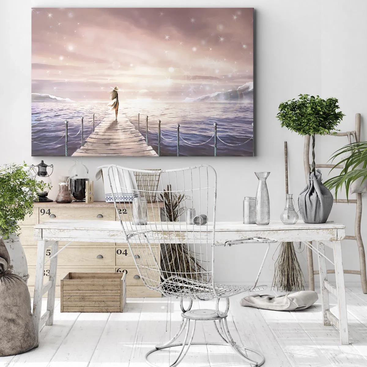 Tablou pe pânză Canvas - O femeie pe un dig într-un apus de soare magic - 70x50cm - În lumina unui vis - Decorațiune modernă pentru perete pentru living și dormitor ARTTOR
