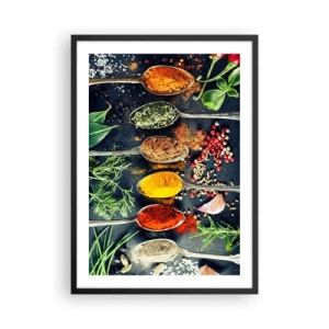 Poster în ramă neagră - Condimente și ierburi colorate pe linguri metalice - 50x70cm - Magie culinară - Decorațiune modernă pentru perete pentru living și dormitor ARTTOR