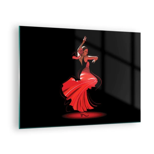 Tablou pe sticlă - Dansatoare de flamenco într-o rochie roșie pe un fundal negru - 70x50cm - Spiritul înflăcărat al flamenco-ului - Decorațiune modernă pentru perete pentru living și dormitor ARTTOR