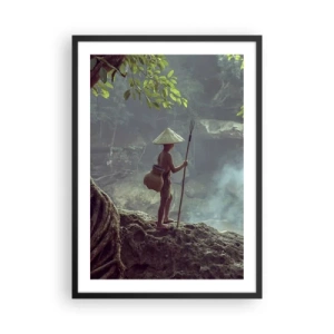Poster în ramă neagră - Un băiat în pădure cu o undiță și un coș în spate - 50x70cm - Prietenul naturii - Decorațiune modernă pentru perete pentru living și dormitor ARTTOR