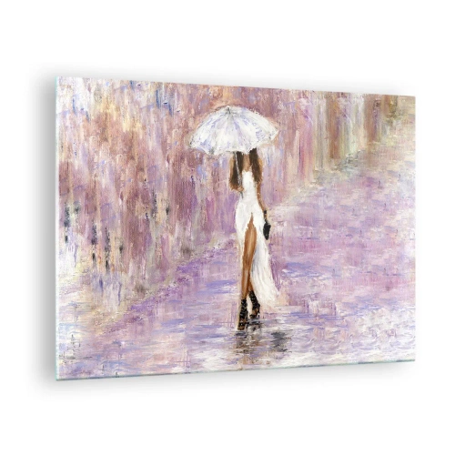 Tablou pe sticlă - Figura unei femei cu o umbrelă într-o scenă de ploaie liliac - 70x50cm - În ploaia de liliac - Decorațiune modernă pentru perete pentru living și dormitor ARTTOR