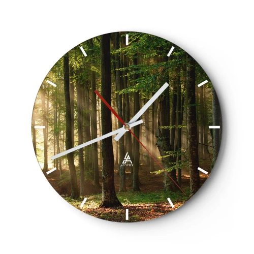 Ceas de perete - Ceas pe sticlă - Razele soarelui strălucesc printre copacii din pădure - 30x30cm - Strălucitoare într-o dimineață de primăvară - Decorațiune modernă pentru perete pentru living, bucătărie și dormitor ARTTOR