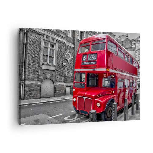 Tablou pe pânză Canvas - Un autobuz roșu cu etaj în Londra, pe fundalul unei arhitecturi clasice - 70x50cm - Întotdeauna la fel - Decorațiune modernă pentru perete pentru living și dormitor ARTTOR