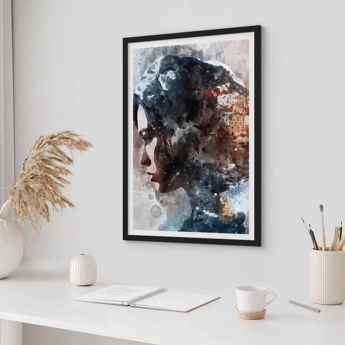 Poster în ramă neagră - Silueta unei femei cu un peisaj în acuarelă în fundal - 50x70cm - Povestea unei fete cu un oraș în fundal - Decorațiune modernă pentru perete pentru living și dormitor ARTTOR
