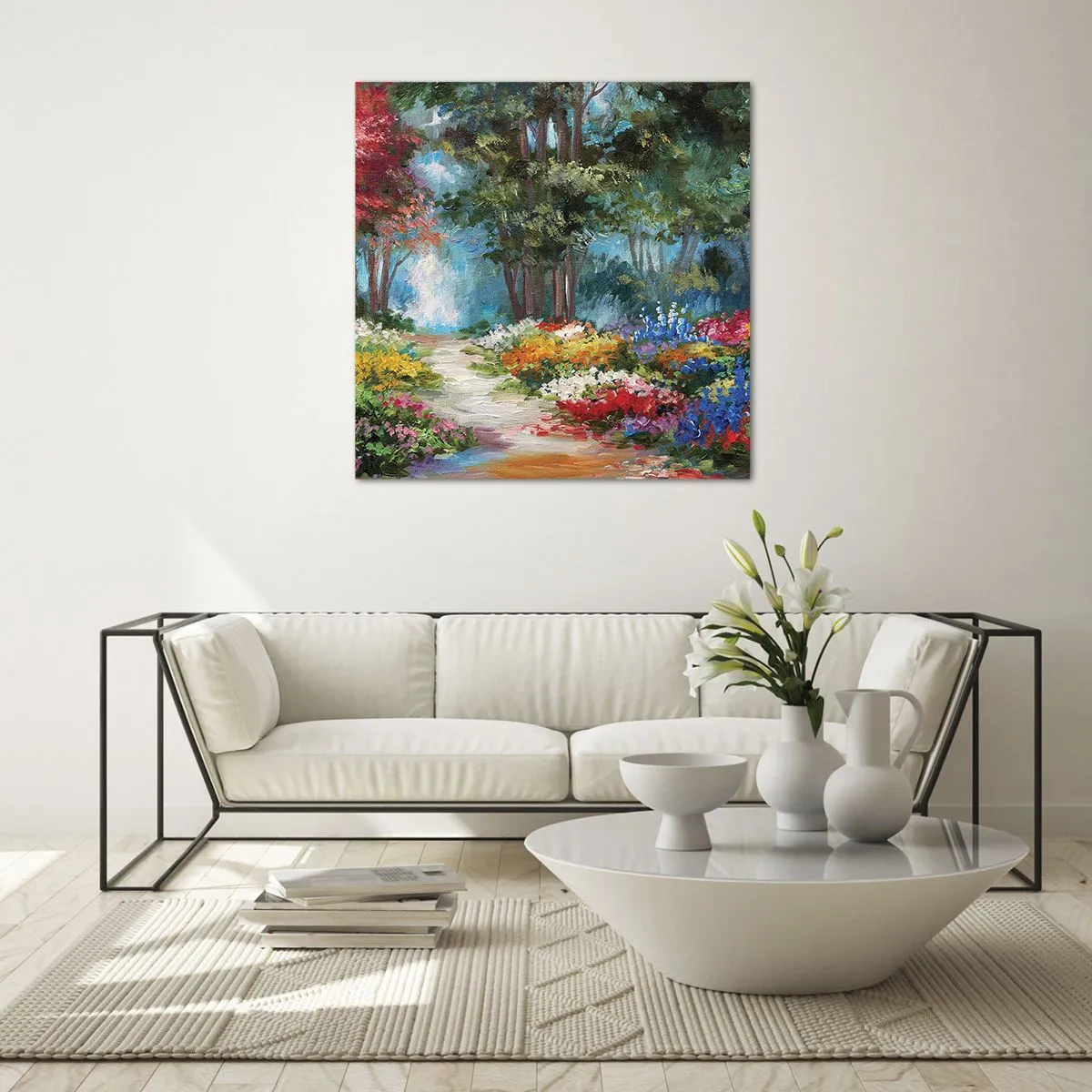 Tablou pe sticlă - Grădină de pădure, pădure de flori - 70x70 cm