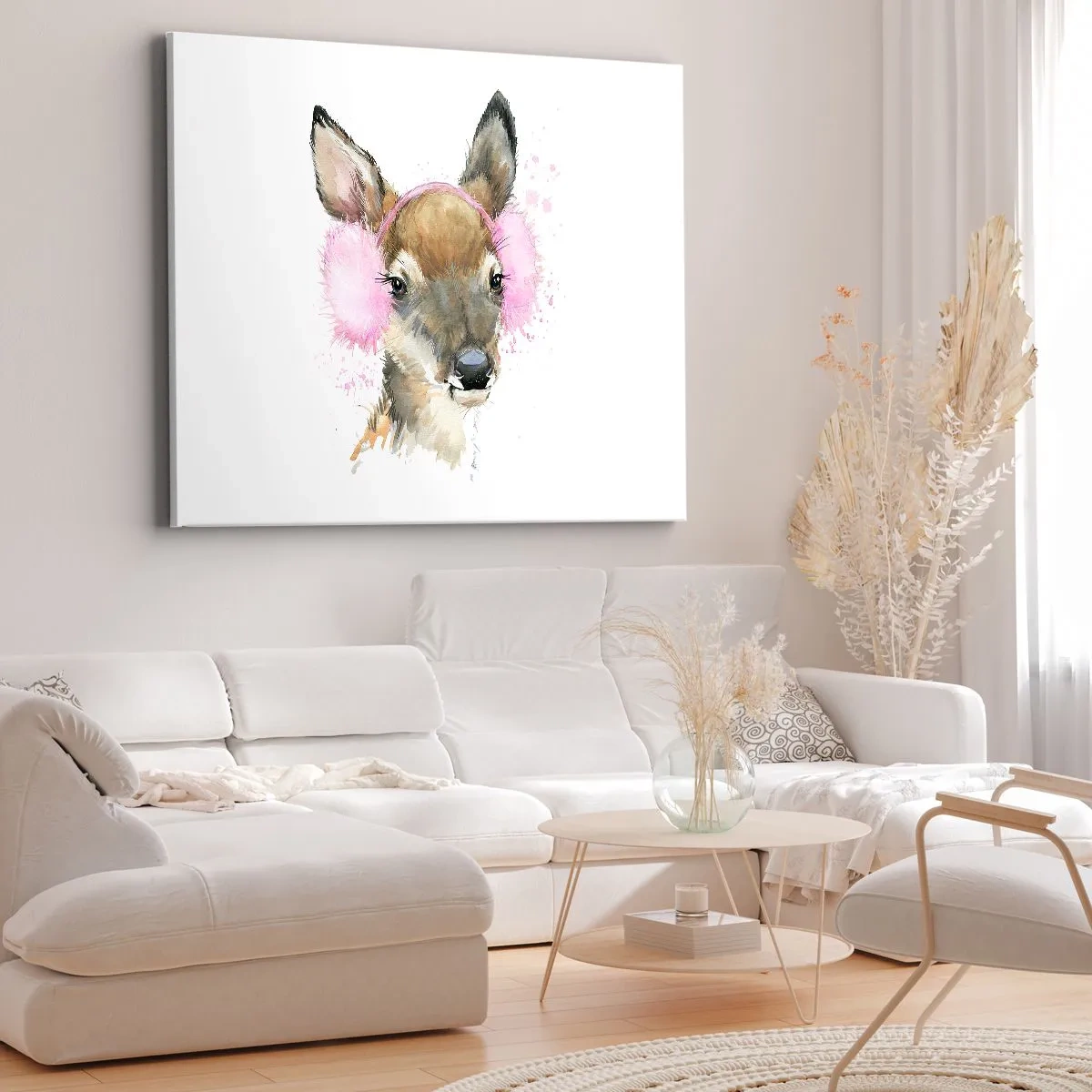 Tablou pe pânză Canvas - Căprioară în acuarelă cu căști roz - 70x50cm - Și gerul nu mai este înfricoșător - Decorațiune modernă pentru perete pentru living și dormitor ARTTOR