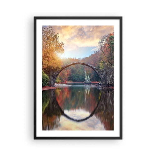 Poster în ramă neagră - Un pod de piatră peste un lac într-un peisaj de toamnă - 50x70cm - De cealaltă parte a oglinzii - Decorațiune modernă pentru perete pentru living și dormitor ARTTOR
