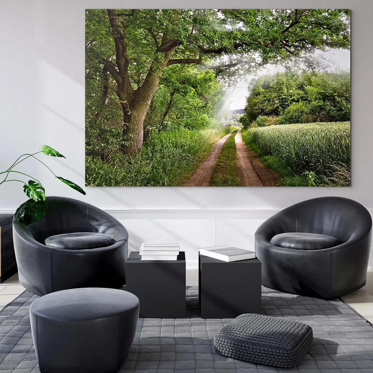 Tablou pe sticlă - Un drum forestier înconjurat de verdeață în razele soarelui - 70x50cm - Et in Arcadia ego - Decorațiune modernă pentru perete pentru living și dormitor ARTTOR