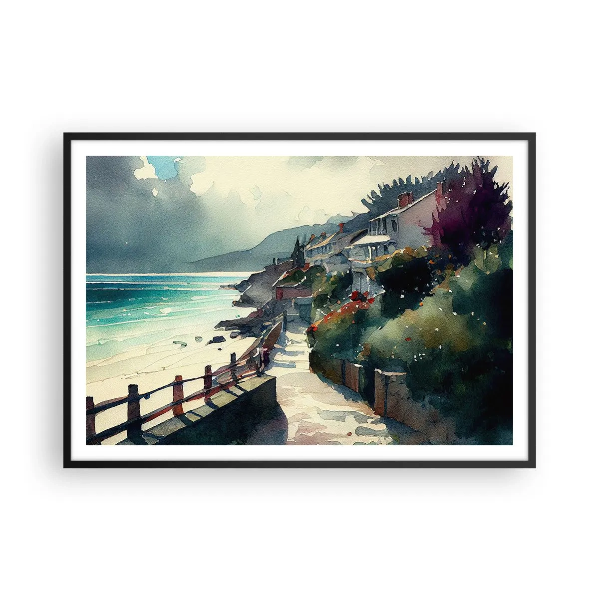 Poster în ramă neagră - Orășel mediteraneean - 100x70 cm