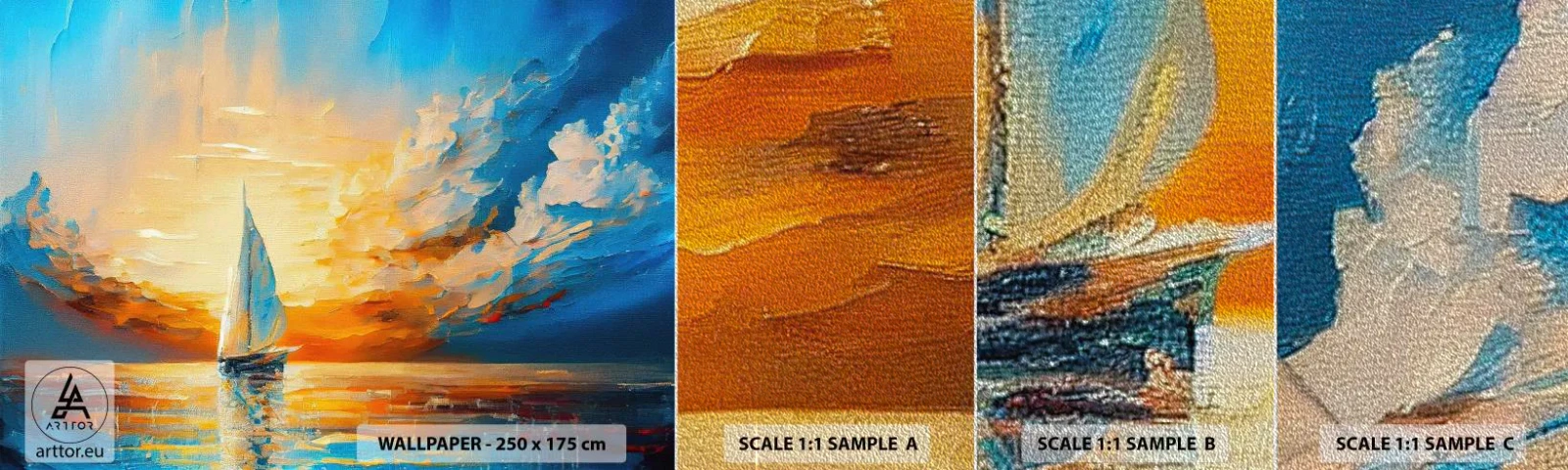 Mostră tapet Premium Sand - Navigare prin aur - Peisaj, Nautic, Barcă cu pânze - 100x30 cm