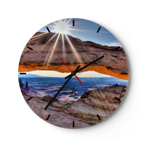Ceas de perete - Ceas pe sticlă - Un arc natural de stâncă iluminat de razele soarelui - 30x30cm - Prin poarta de piatră - Decorațiune modernă pentru perete pentru living, bucătărie și dormitor ARTTOR