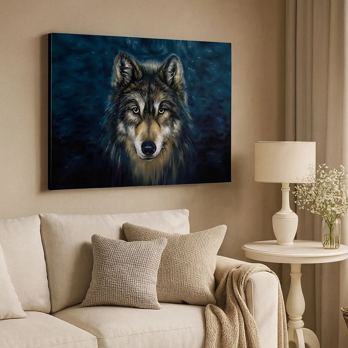 Tablou pe pânză Canvas - Portretul unui lup pe un fundal albastru închis - 70x50cm - Alfa? Și omega - Decorațiune modernă pentru perete pentru living și dormitor ARTTOR