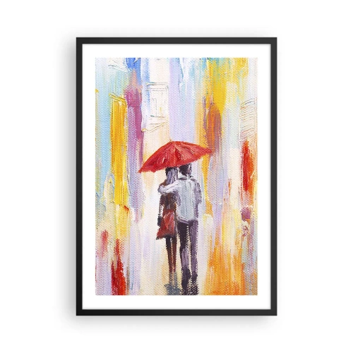 Poster în ramă neagră - O scenă romantică cu un cuplu sub o umbrelă roșie pe fundalul unui oraș. - 50x70cm - Să plouă în continuare - Decorațiune modernă pentru perete pentru living și dormitor ARTTOR