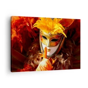 Tablou pe pânză Canvas - Mască de carnaval în nuanțe de auriu și portocaliu - 70x50cm - Misterul face parte din joc - Decorațiune modernă pentru perete pentru living și dormitor ARTTOR