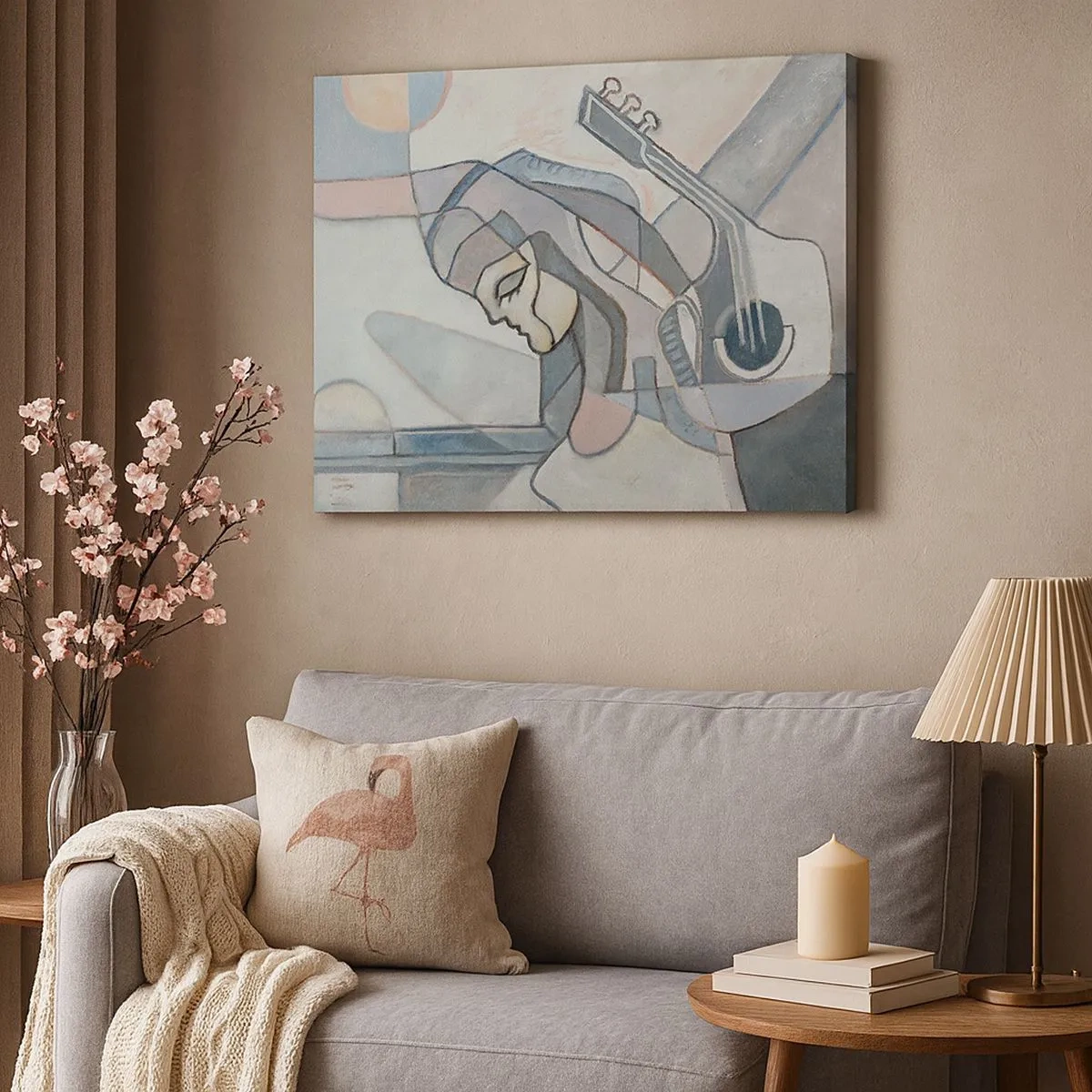 Tablou pe pânză Canvas - O figură abstractă cu o chitară în culori pastelate. - 70x50cm - În puterea muzicii - Decorațiune modernă pentru perete pentru living și dormitor ARTTOR