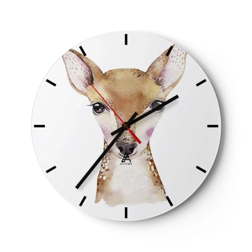 Ceas de perete - Ceas pe sticlă - Ilustrație în acuarelă a unui cerb pe fundal alb - 30x30cm - Natura inocenței - Decorațiune modernă pentru perete pentru living, bucătărie și dormitor ARTTOR