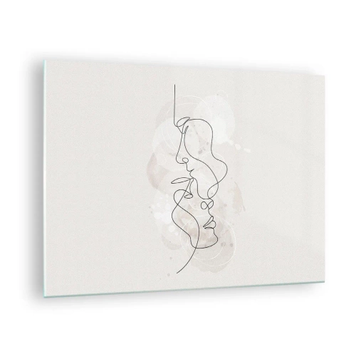 Tablou pe sticlă - Un desen minimalist al fețelor a două persoane într-o îmbrățișare subtilă și senzuală. - 70x50cm - Încurcați într-o îmbrățișare - Decorațiune modernă pentru perete pentru living și dormitor ARTTOR