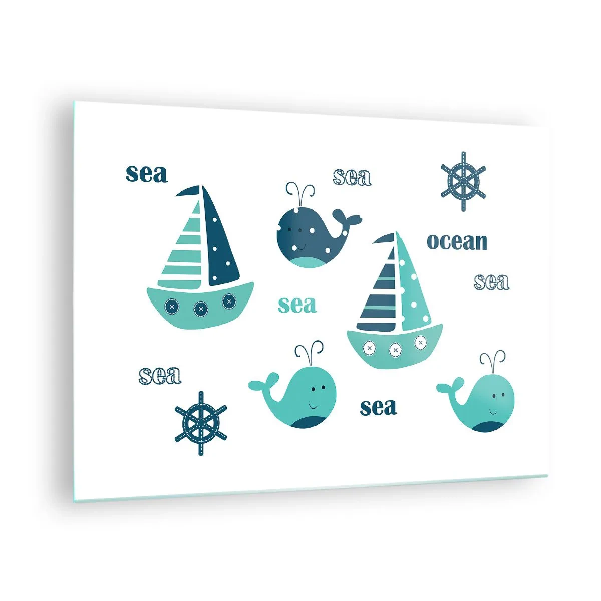Tablou pe sticlă - Temă nautică cu pânze și balene - 70x50cm - Peste mări și oceane - Decorațiune modernă pentru perete pentru living și dormitor ARTTOR