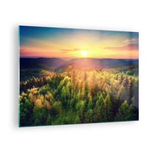 Tablou pe sticlă - Apus de soare peste o pădure de munte cu vedere la văi - 70x50cm - Vârfuri și culmi - Decorațiune modernă pentru perete pentru living și dormitor ARTTOR