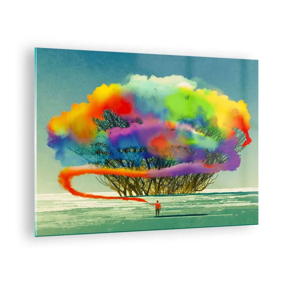 Tablou pe sticlă - O explozie colorată de fum pe fundalul unui copac singuratic. - 70x50cm - Aducând această lume la viață - Decorațiune modernă pentru perete pentru living și dormitor ARTTOR